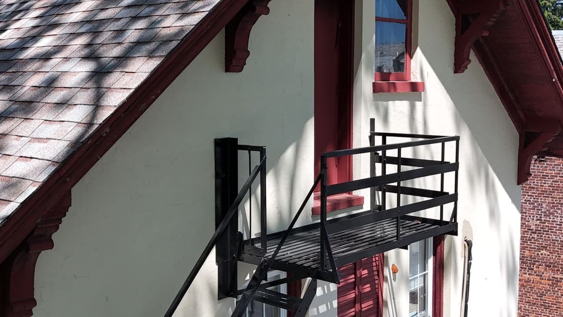 Drone field photograph, plate 115, 2026-05-05, New Jersey fire escape inspection by Oyster Fire Escape Inspections