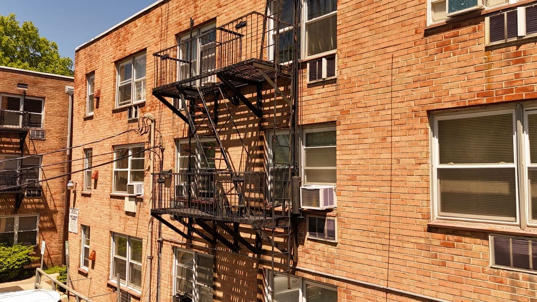 Drone field photograph, plate 123, 2026-05-07, New Jersey fire escape inspection by Oyster Fire Escape Inspections